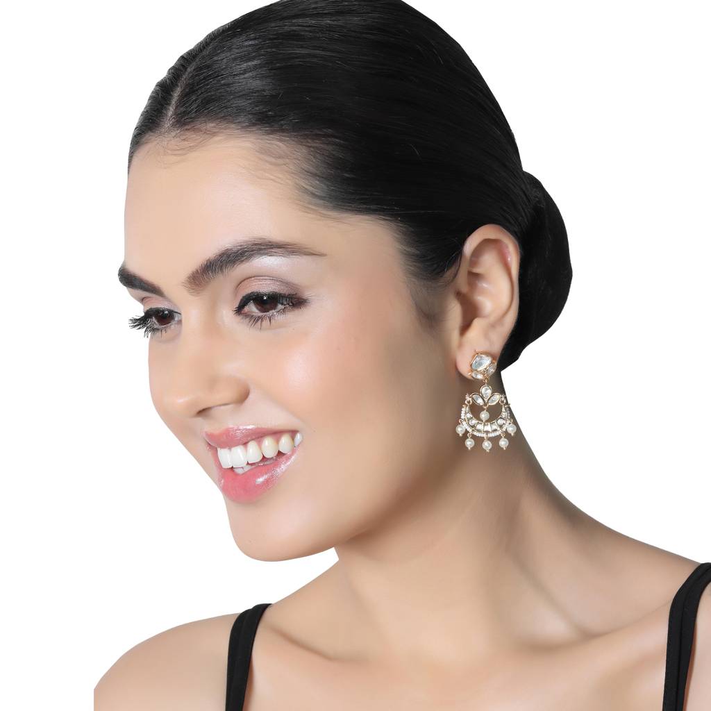 Gold Finished Kundan And Polki Chandbalis With White Beads-Km-Er-Cet-09-White : KM-ER-CET-09-WHITE