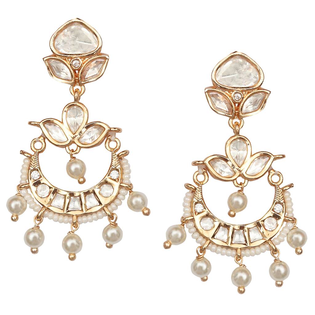 Gold Finished Kundan And Polki Chandbalis With White Beads-Km-Er-Cet-09-White : KM-ER-CET-09-WHITE