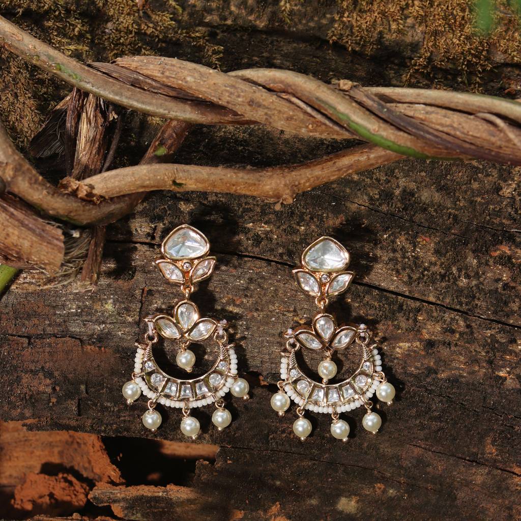 Gold Finished Kundan And Polki Chandbalis With White Beads-Km-Er-Cet-09-White : KM-ER-CET-09-WHITE