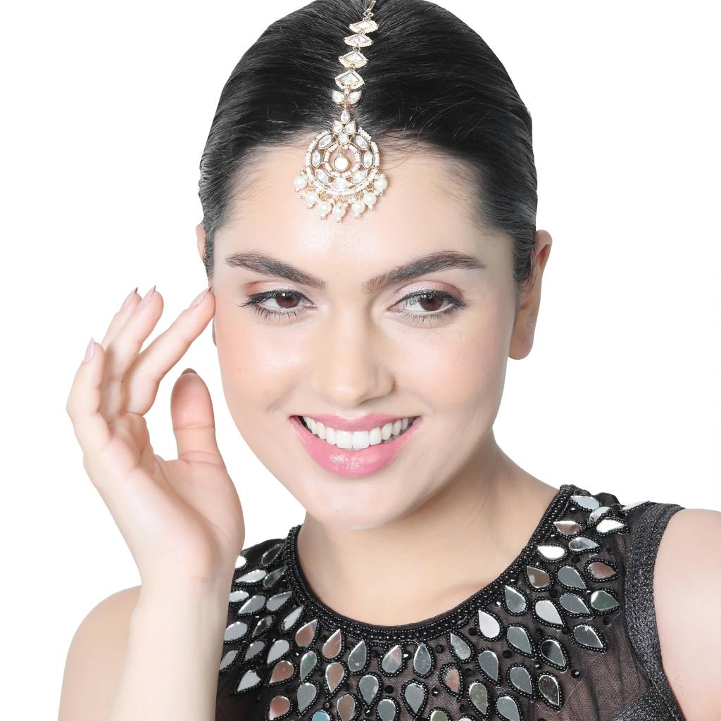 Gold Finish Kundan And Polki Maang Tikka With Soft White Beads-Km-Tk-14-B58 : KM-TK-14-B58