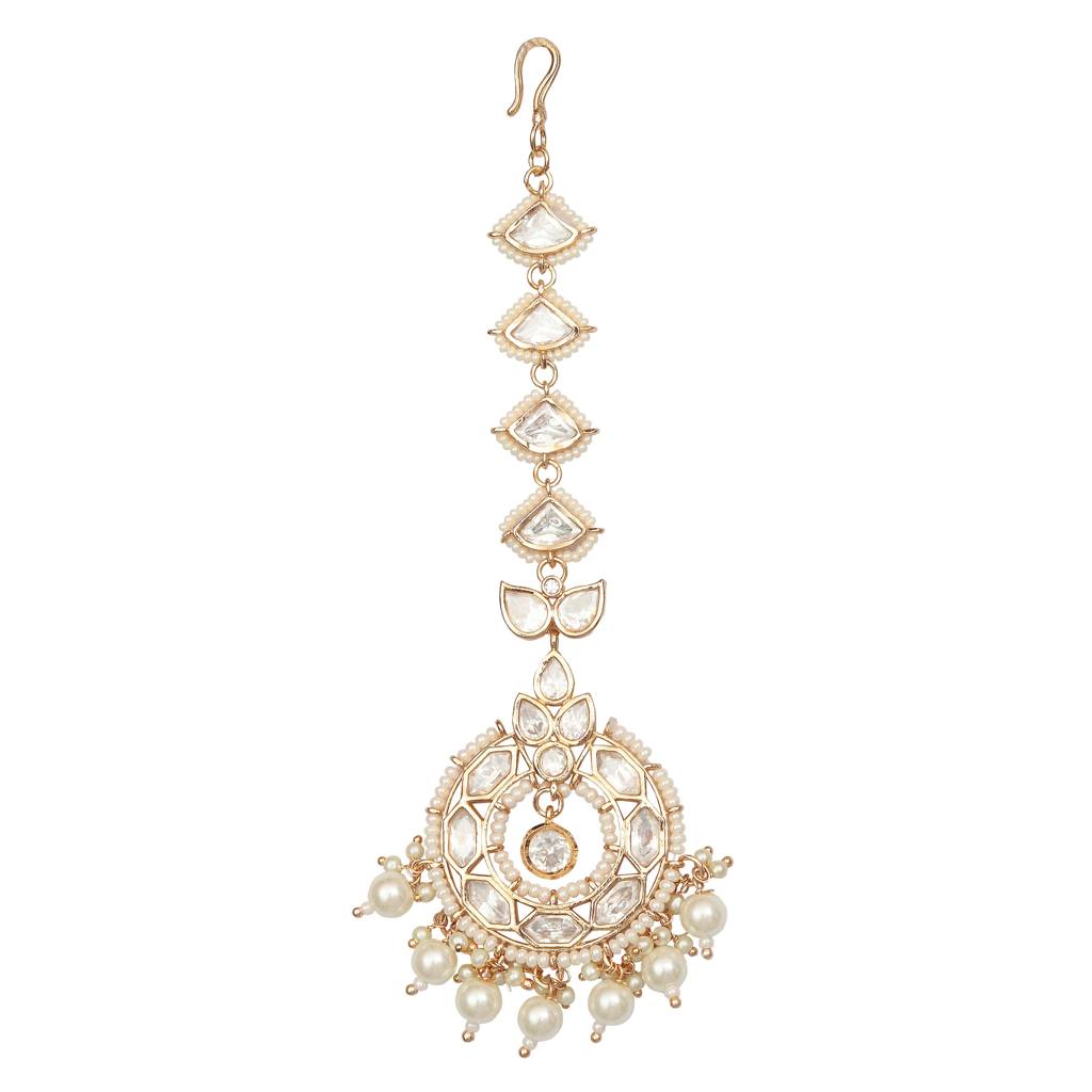 Gold Finish Kundan And Polki Maang Tikka With Soft White Beads-Km-Tk-14-B58 : KM-TK-14-B58