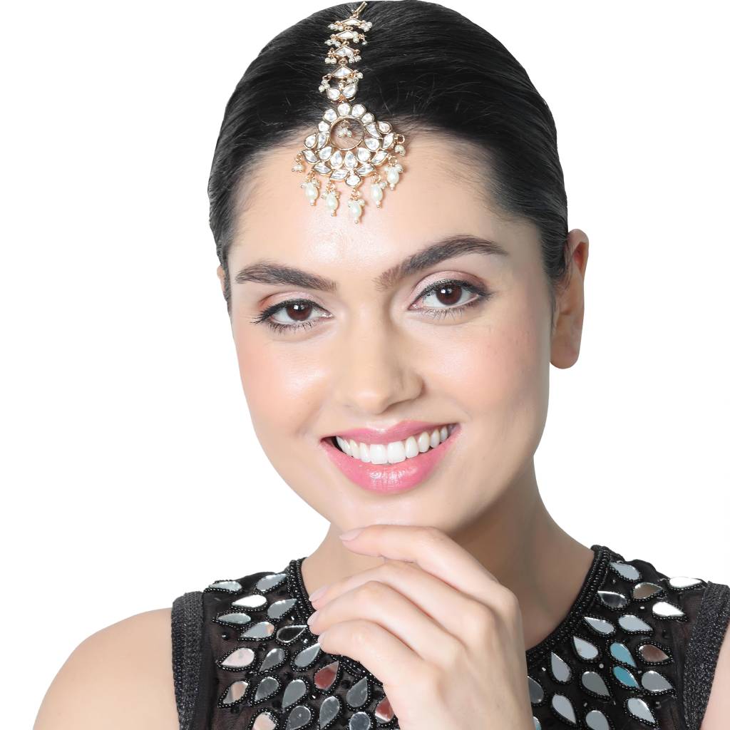 Gold Finish Kundan And Polki Maang Tikka With Soft White Beads : KM-TK-18-C11