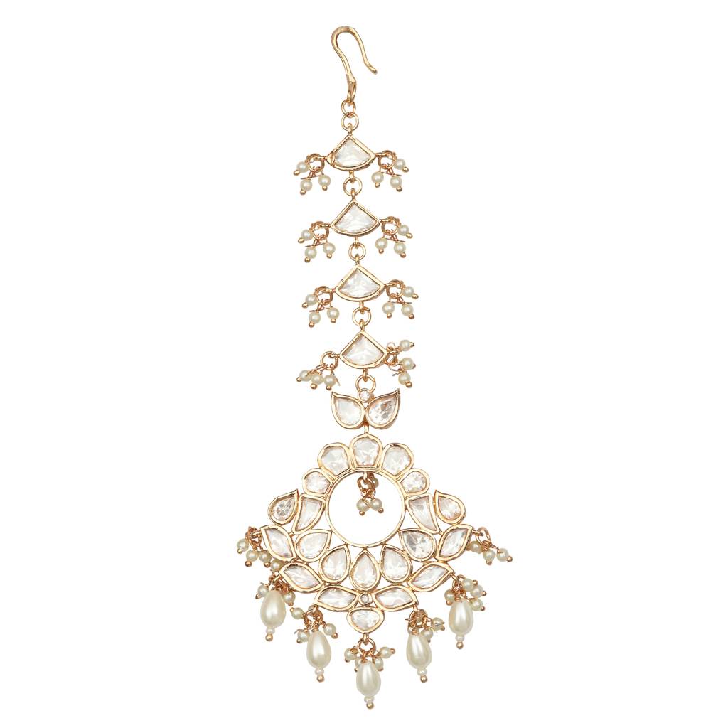 Gold Finish Kundan And Polki Maang Tikka With Soft White Beads : KM-TK-18-C11