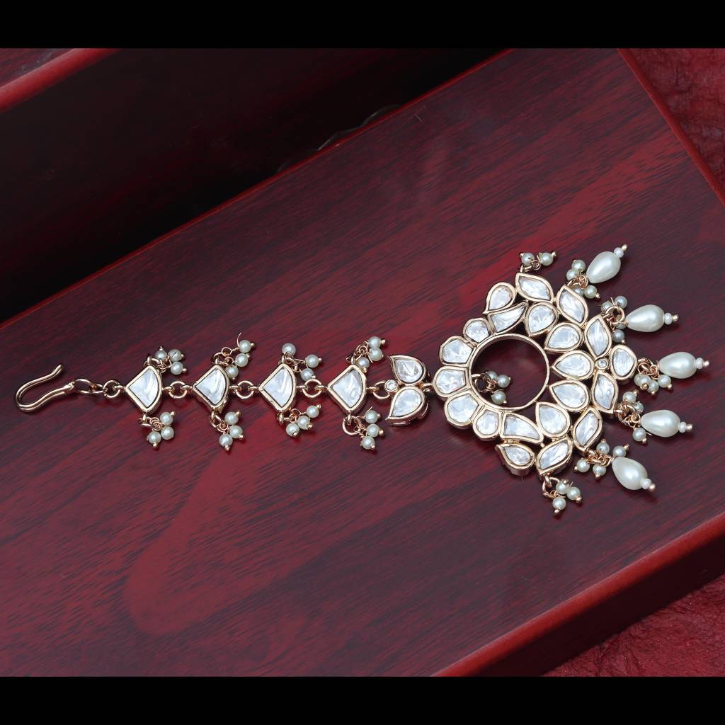 Gold Finish Kundan And Polki Maang Tikka With Soft White Beads : KM-TK-18-C11