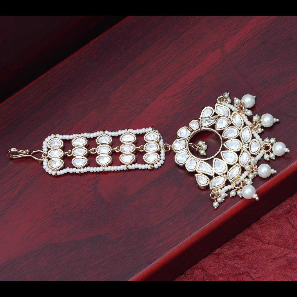 Gold Finish Kundan And Polki Maang Tikka With Soft White Beads-Km-Tk-21 : KM-TK-21