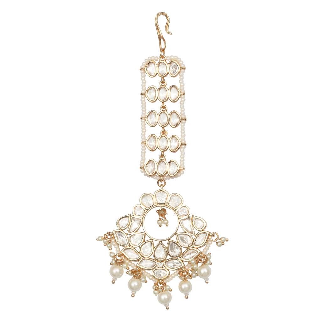 Gold Finish Kundan And Polki Maang Tikka With Soft White Beads-Km-Tk-21 : KM-TK-21