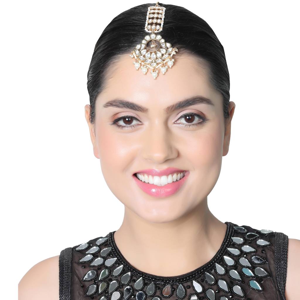 Gold Finish Kundan And Polki Maang Tikka With Soft White Beads-Km-Tk-21 : KM-TK-21