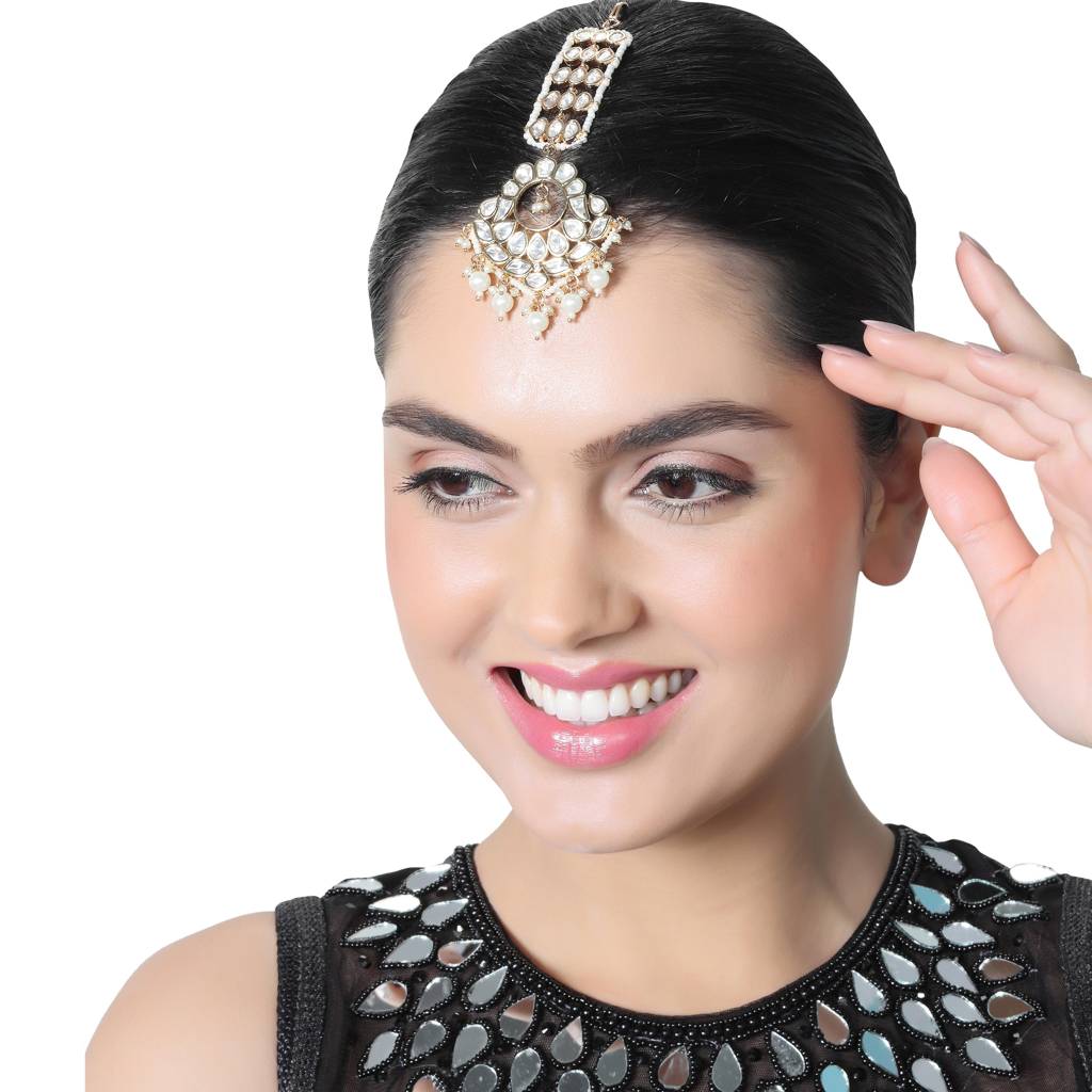 Gold Finish Kundan And Polki Maang Tikka With Soft White Beads-Km-Tk-21 : KM-TK-21