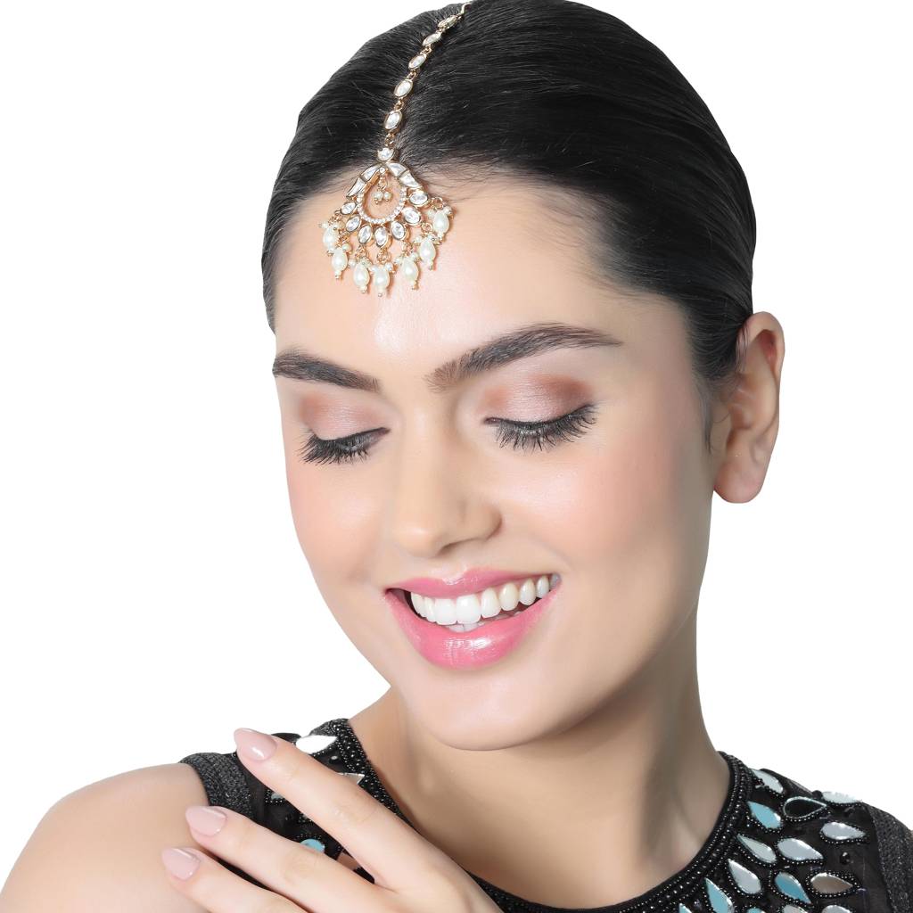 Gold Finish Kundan And Polki Maang Tikka With Soft White Beads-Km-Tk-25-B26 : KM-TK-25-B26