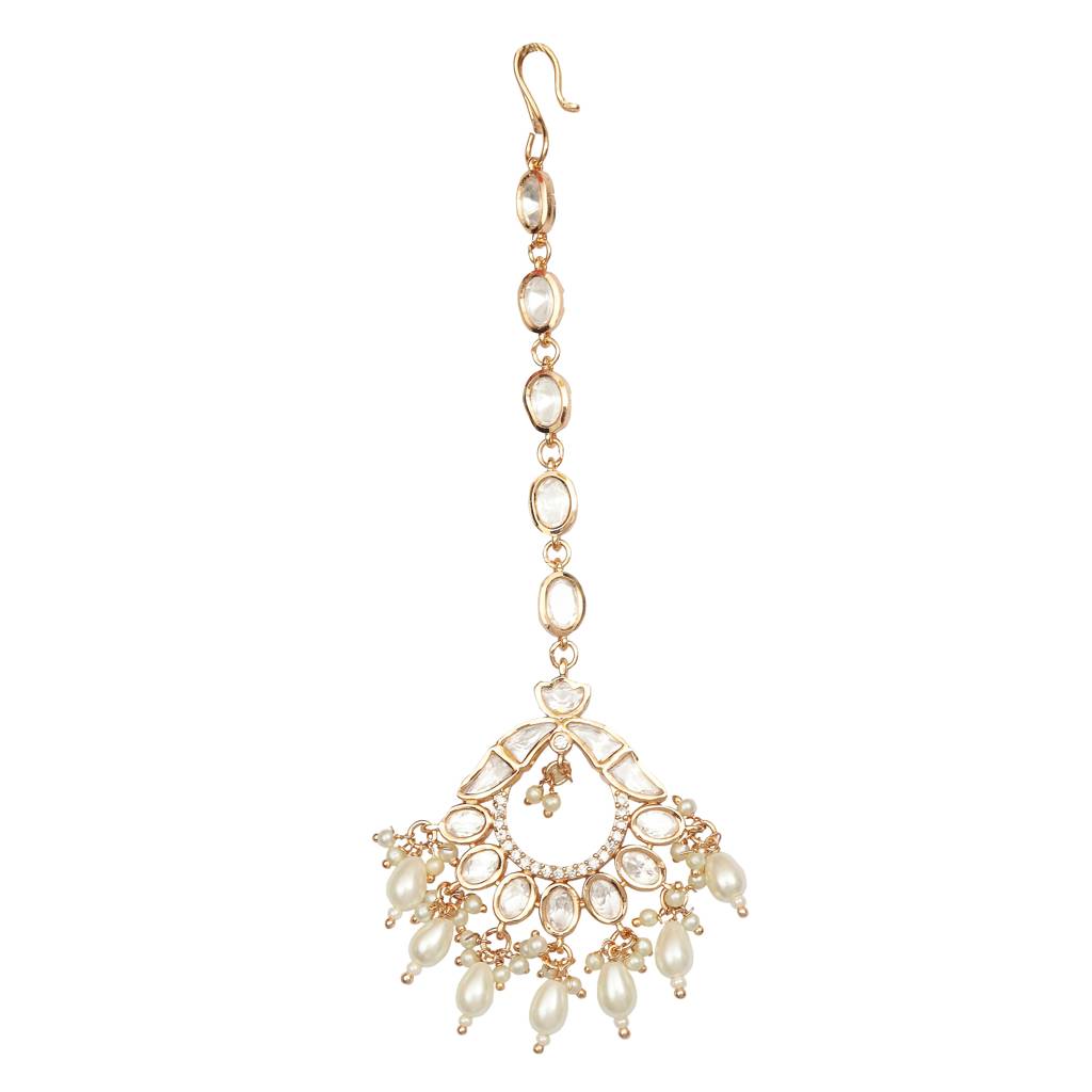 Gold Finish Kundan And Polki Maang Tikka With Soft White Beads-Km-Tk-25-B26 : KM-TK-25-B26