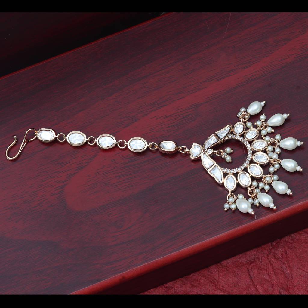 Gold Finish Kundan And Polki Maang Tikka With Soft White Beads-Km-Tk-25-B26 : KM-TK-25-B26