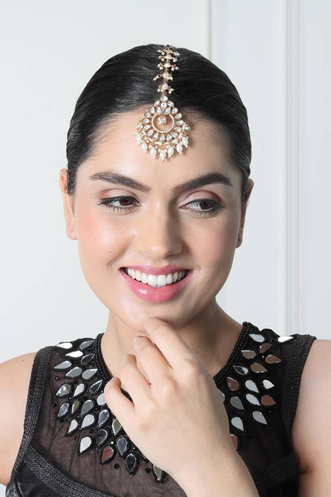 Gold Finish Kundan And Polki Maang Tikka With Soft White Beads-Km-Tk-26 : KM-TK-26
