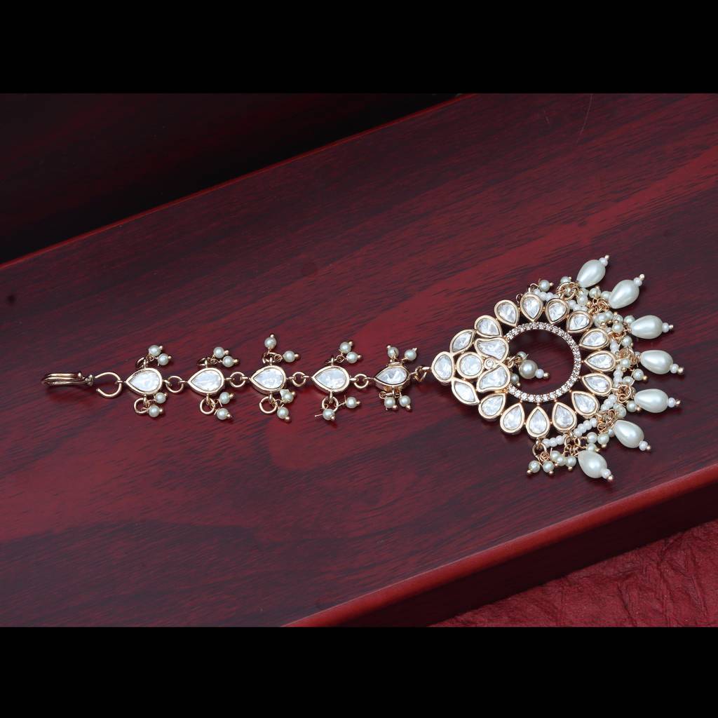 Gold Finish Kundan And Polki Maang Tikka With Soft White Beads-Km-Tk-26 : KM-TK-26
