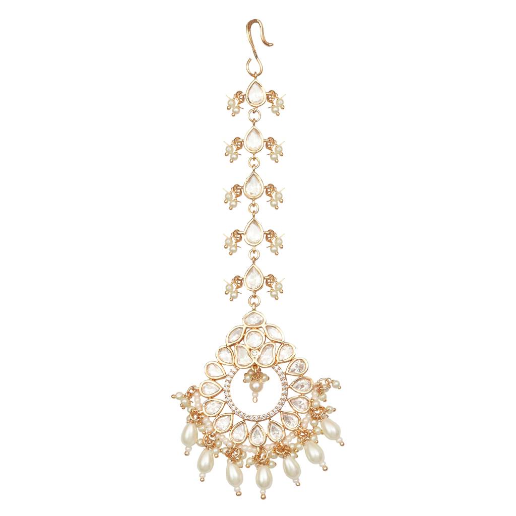Gold Finish Kundan And Polki Maang Tikka With Soft White Beads-Km-Tk-26 : KM-TK-26