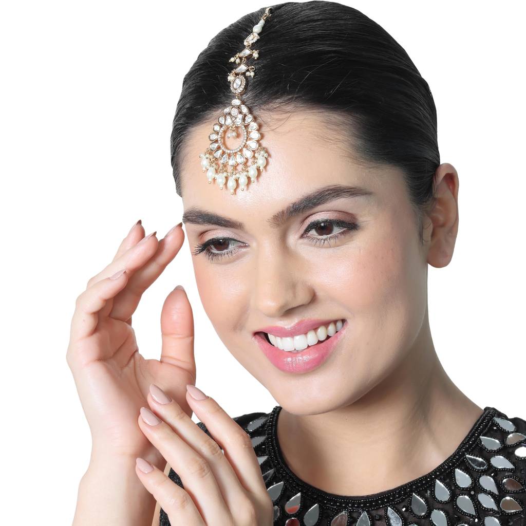 Gold Finish Kundan And Polki Maang Tikka With Soft White Beads-Km-Tk-28-B85 : KM-TK-28-B85
