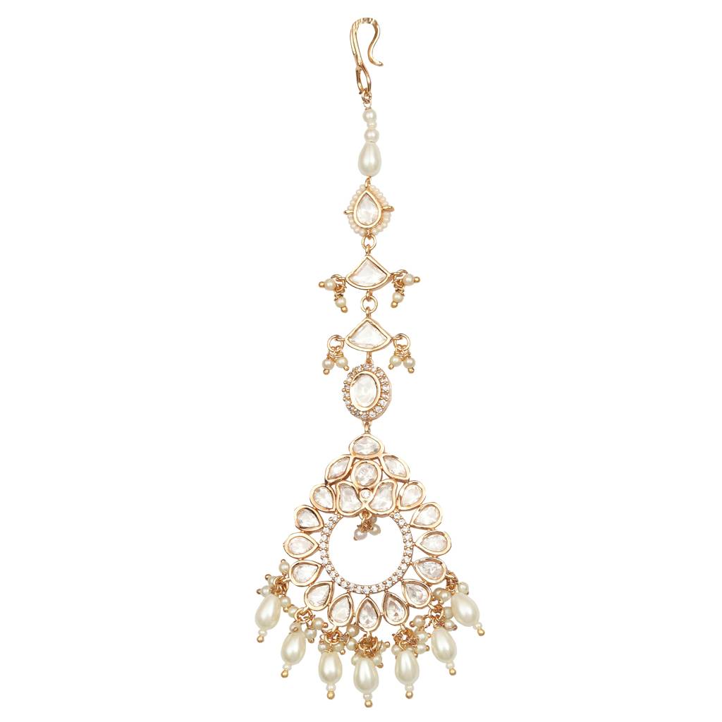 Gold Finish Kundan And Polki Maang Tikka With Soft White Beads-Km-Tk-28-B85 : KM-TK-28-B85
