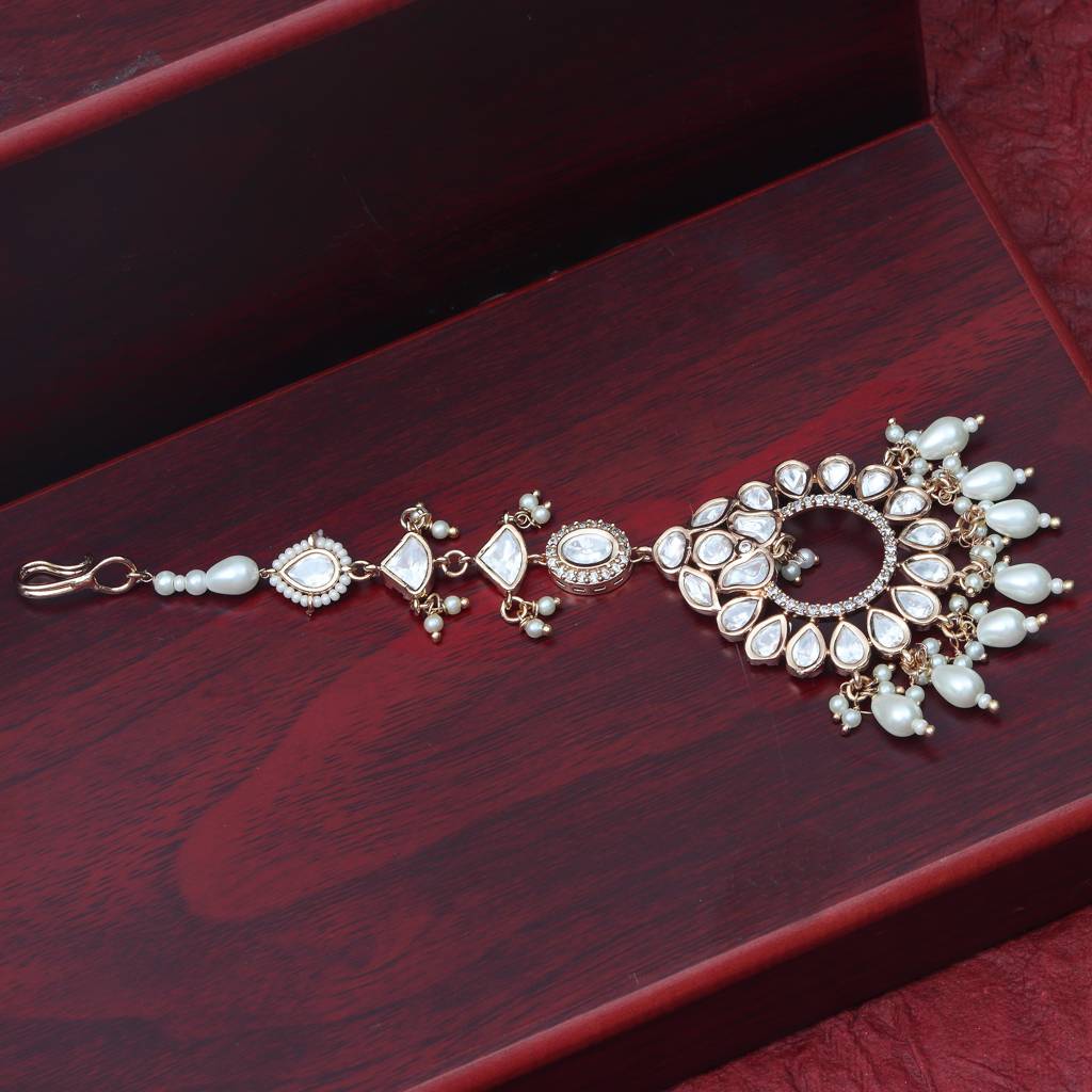 Gold Finish Kundan And Polki Maang Tikka With Soft White Beads-Km-Tk-28-B85 : KM-TK-28-B85