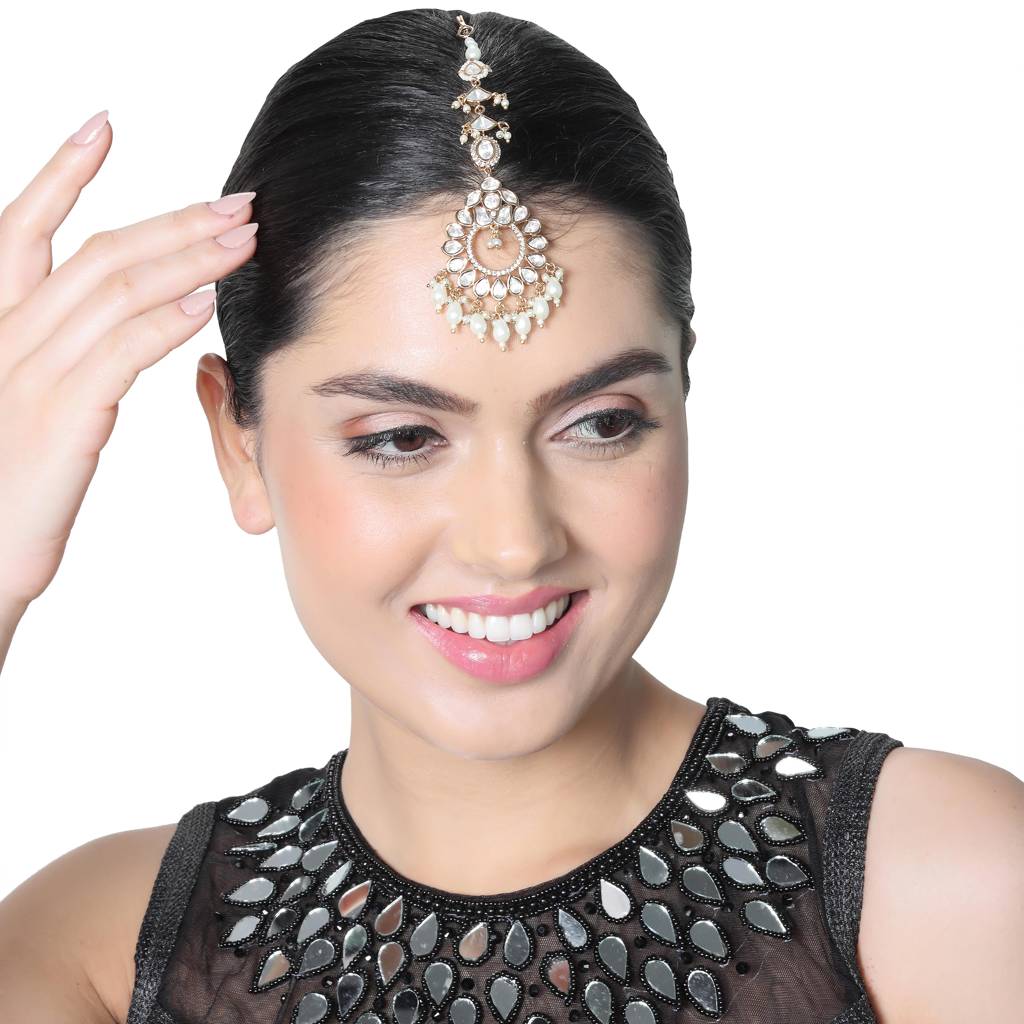 Gold Finish Kundan And Polki Maang Tikka With Soft White Beads-Km-Tk-28-B85 : KM-TK-28-B85