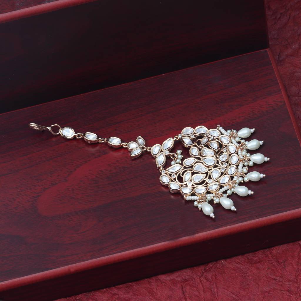 Gold Finish Kundan And Polki Maang Tikka With Soft White Beads-Km-Tk-31-C83 : KM-TK-31-C83