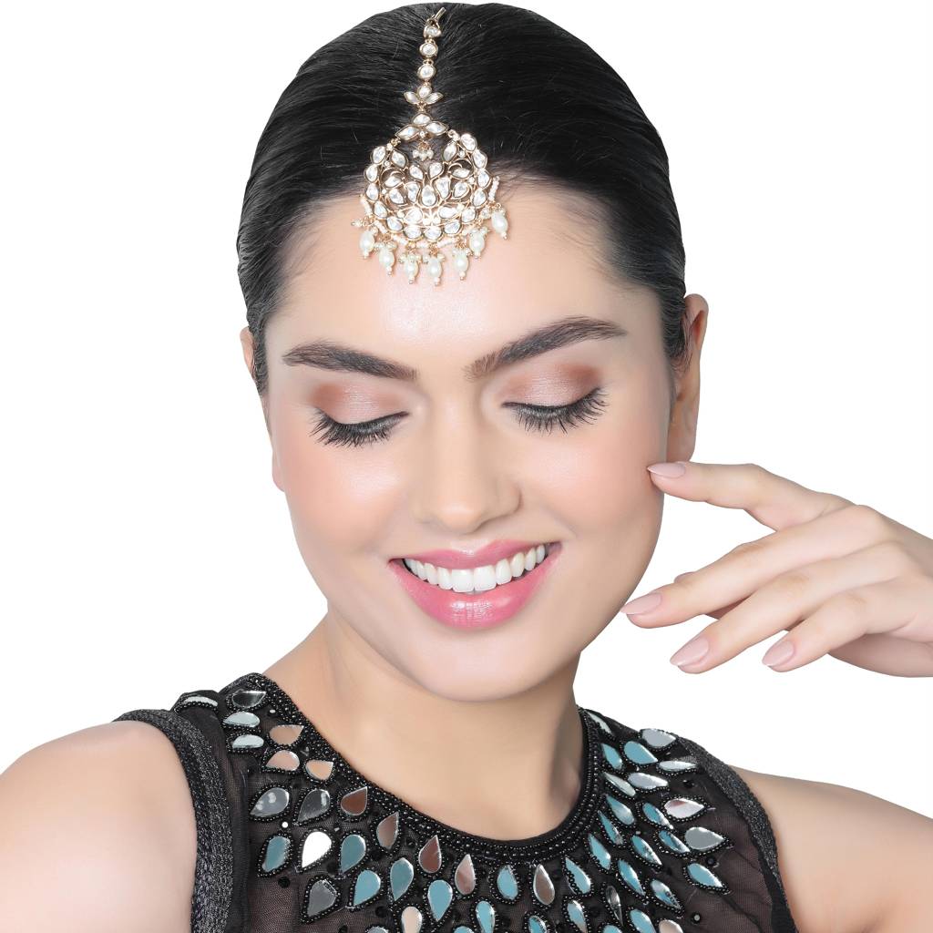 Gold Finish Kundan And Polki Maang Tikka With Soft White Beads-Km-Tk-31-C83 : KM-TK-31-C83