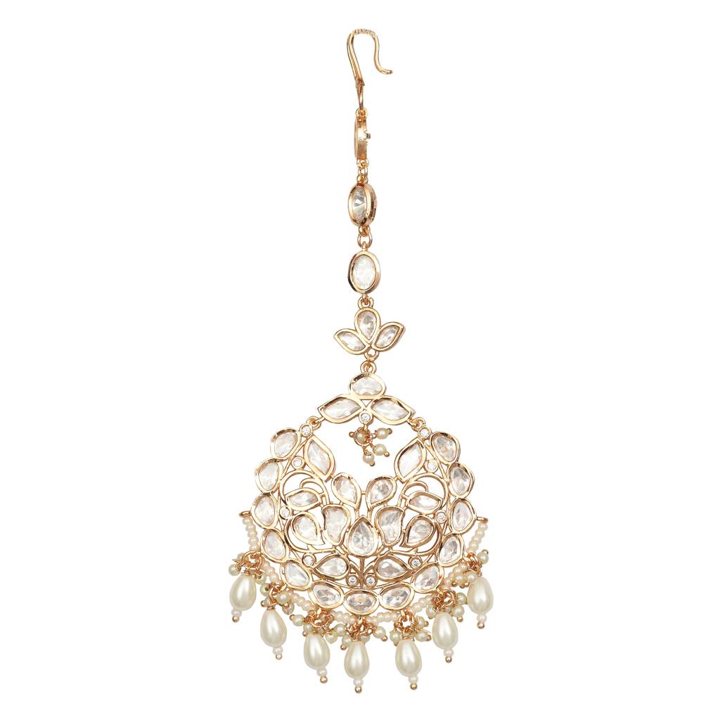 Gold Finish Kundan And Polki Maang Tikka With Soft White Beads-Km-Tk-31-C83 : KM-TK-31-C83