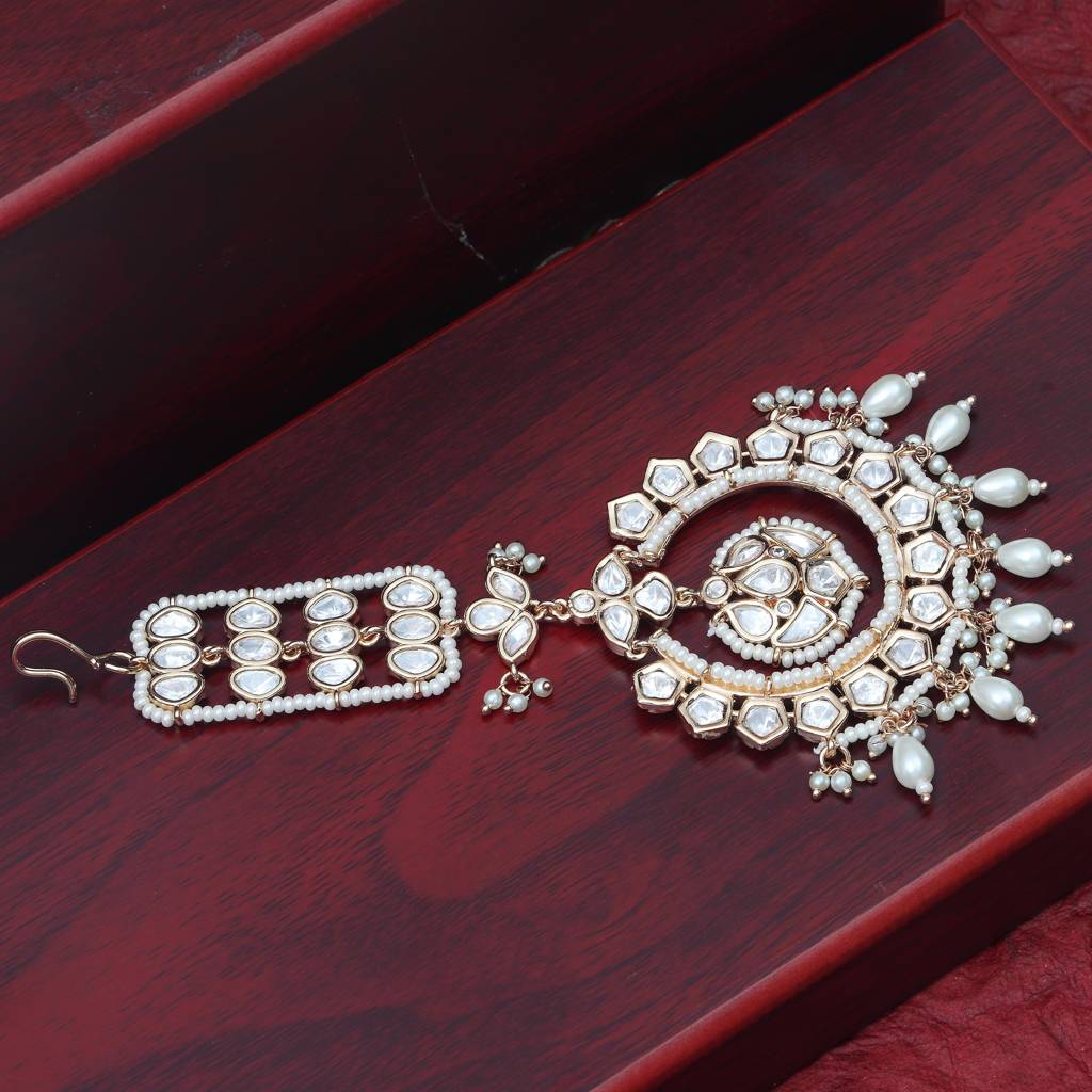 Gold Finish Kundan And Polki Maang Tikka With Soft White Beads-Km-Tk-31-D56 : KM-TK-31-D56