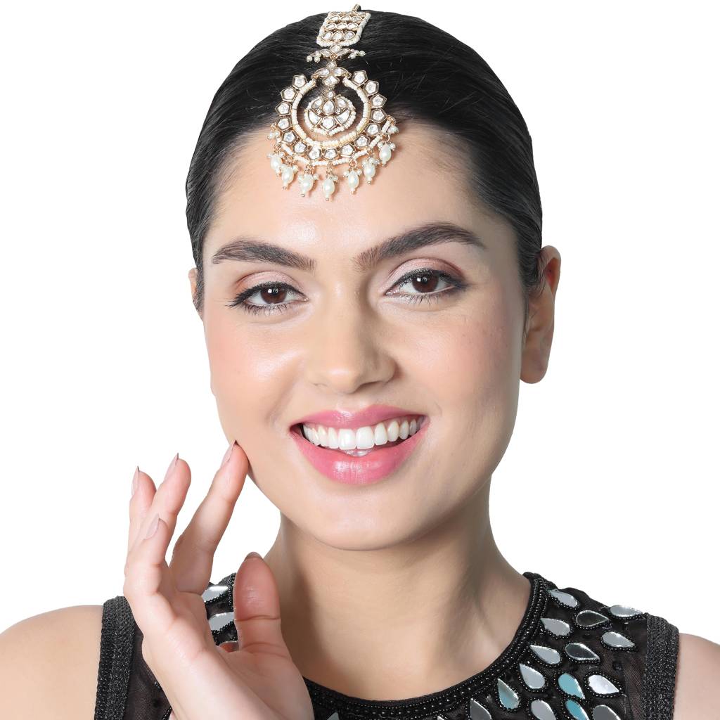 Gold Finish Kundan And Polki Maang Tikka With Soft White Beads-Km-Tk-31-D56 : KM-TK-31-D56