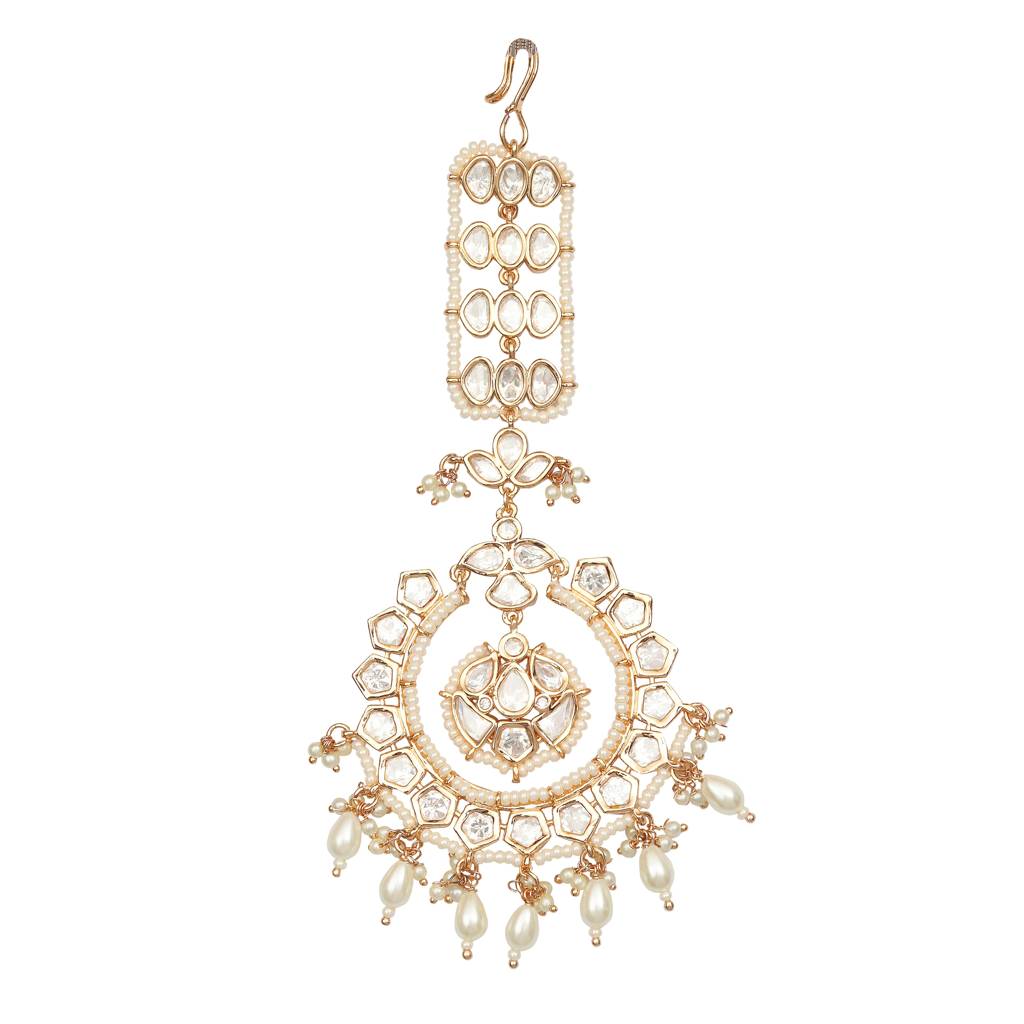 Gold Finish Kundan And Polki Maang Tikka With Soft White Beads-Km-Tk-31-D56 : KM-TK-31-D56