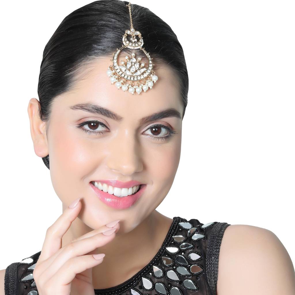 Gold Finish Kundan And Polki Maang Tikka With Soft White Beads-Km-Tk-33-C38 : KM-TK-33-C38