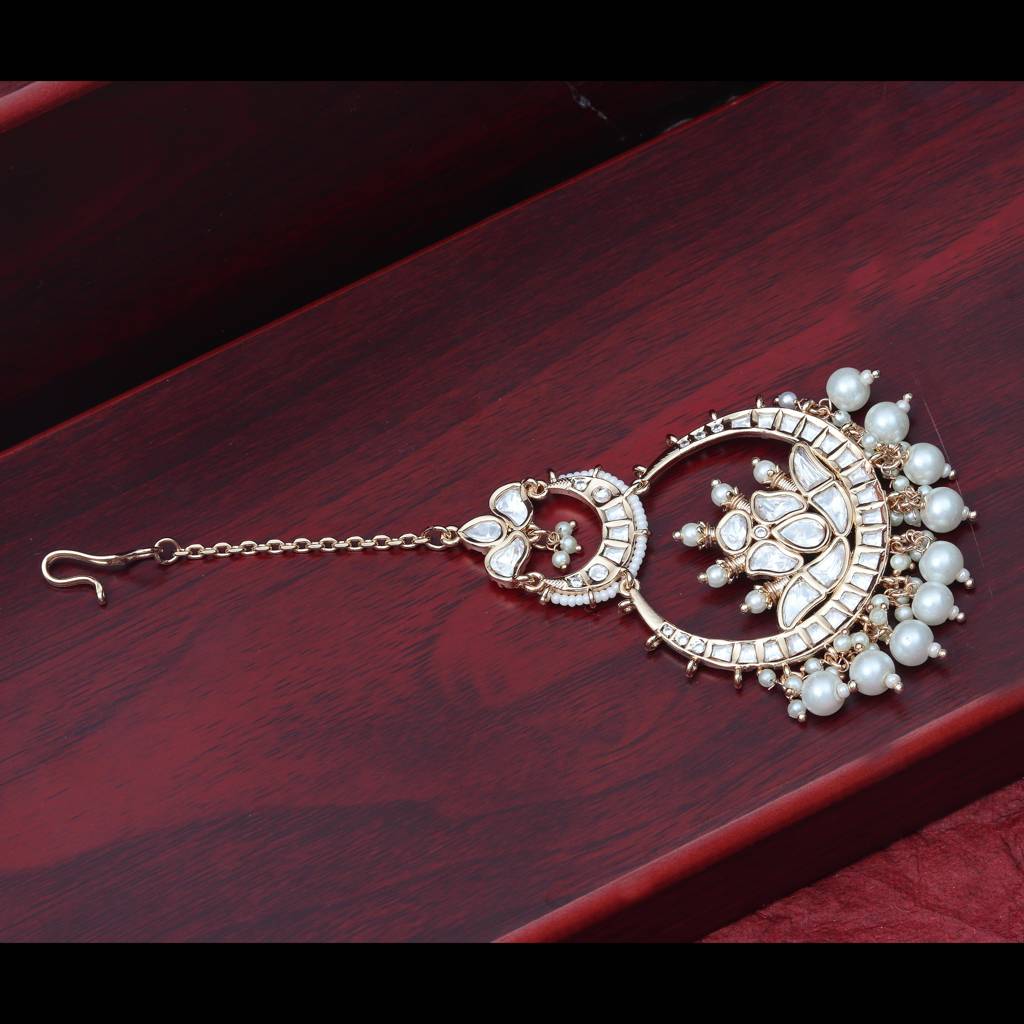 Gold Finish Kundan And Polki Maang Tikka With Soft White Beads-Km-Tk-33-C38 : KM-TK-33-C38