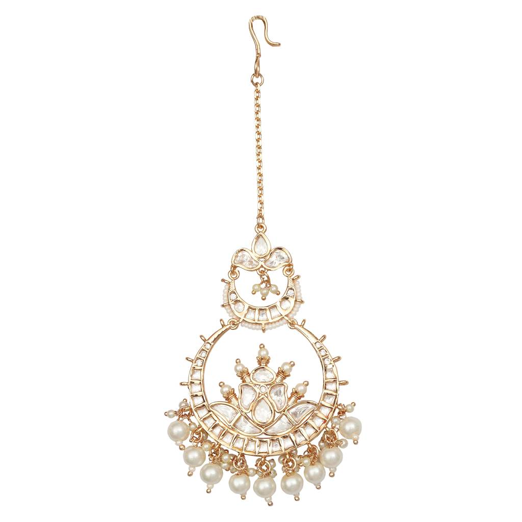 Gold Finish Kundan And Polki Maang Tikka With Soft White Beads-Km-Tk-33-C38 : KM-TK-33-C38