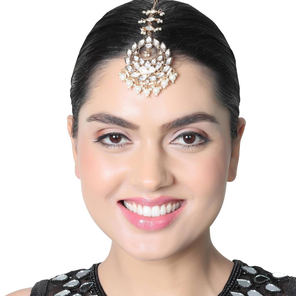 Gold Finish Kundan And Polki Maang Tikka With Soft White Beads-Km-Tk-34-C51 : KM-TK-34-C51