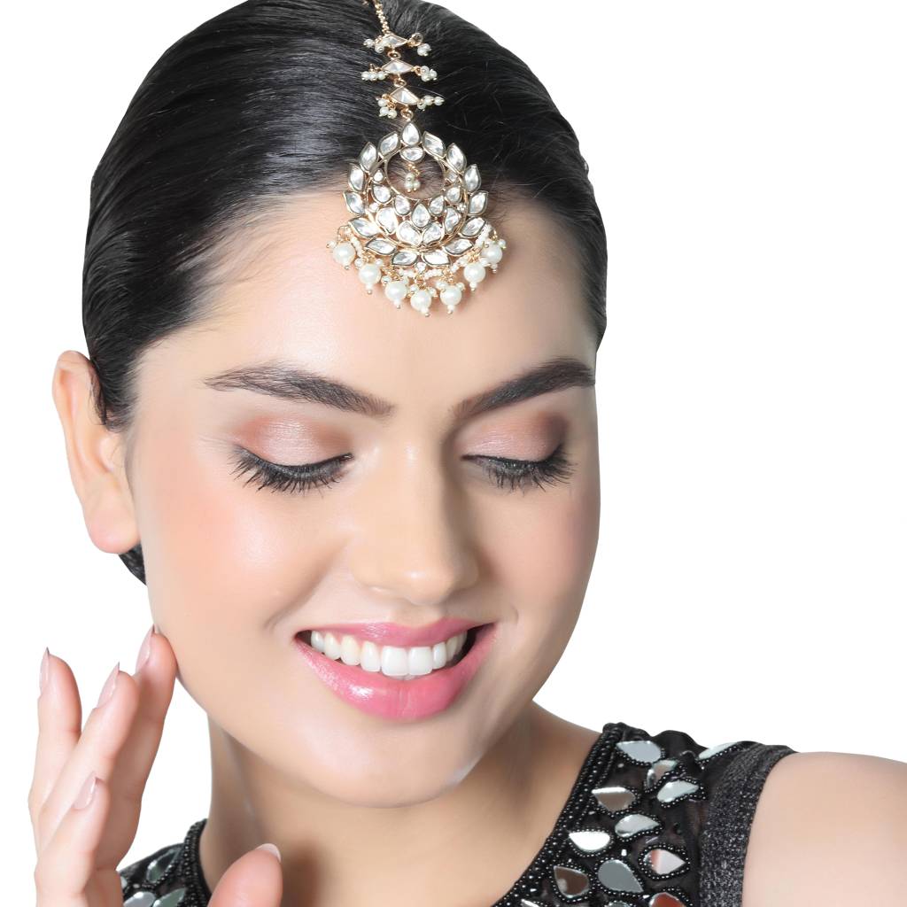 Gold Finish Kundan And Polki Maang Tikka With Soft White Beads-Km-Tk-34-C51 : KM-TK-34-C51