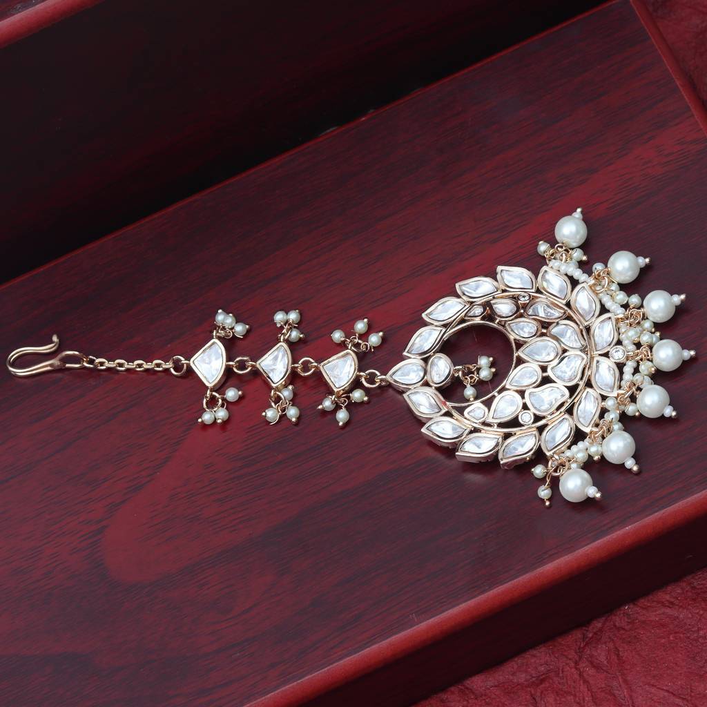 Gold Finish Kundan And Polki Maang Tikka With Soft White Beads-Km-Tk-34-C51 : KM-TK-34-C51