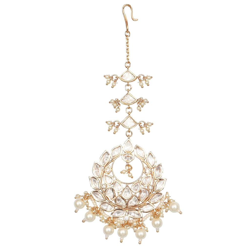 Gold Finish Kundan And Polki Maang Tikka With Soft White Beads-Km-Tk-34-C51 : KM-TK-34-C51
