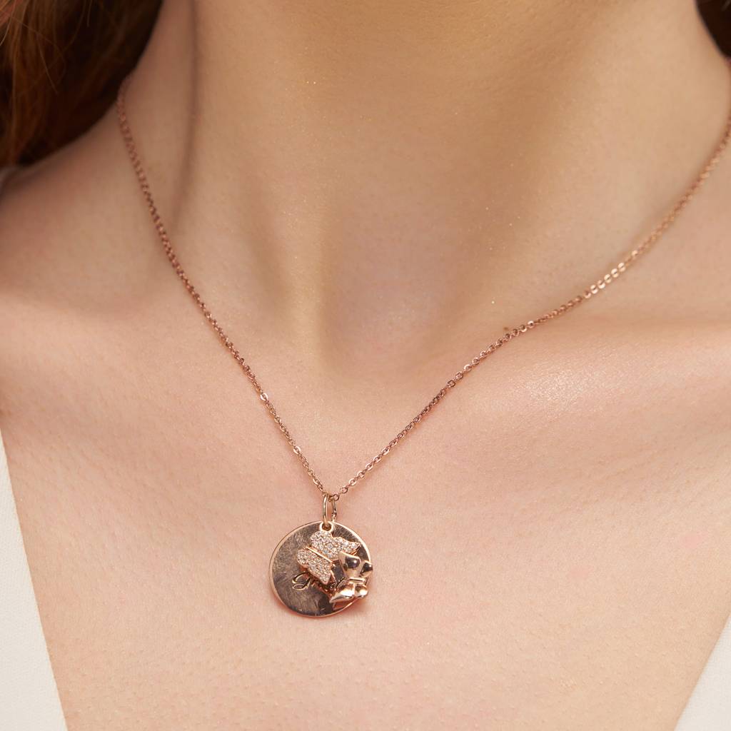 Engraved Circle Plate Butterfly Necklace : KNPR0007