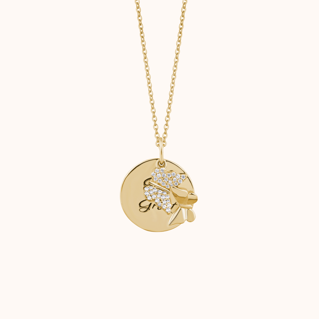 Engraved Circle Plate Butterfly Necklace : KNPR0007