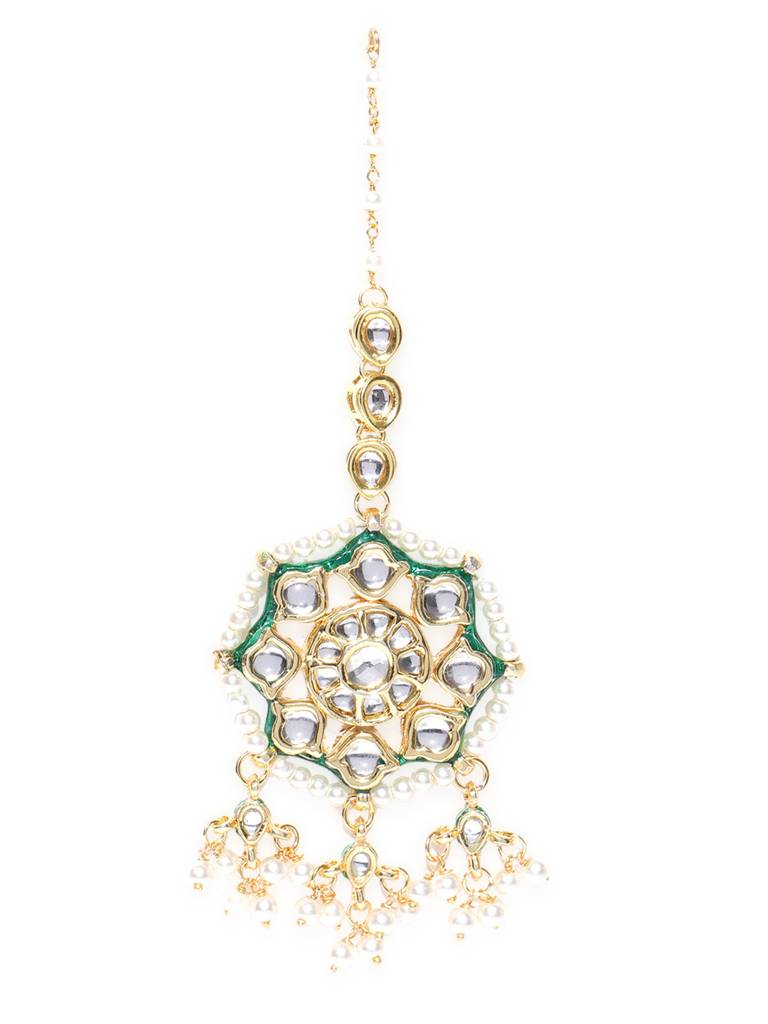Firoza Gold Plated Jodha Choker Set With Earrings And Maangtikka Set : KUNCH781