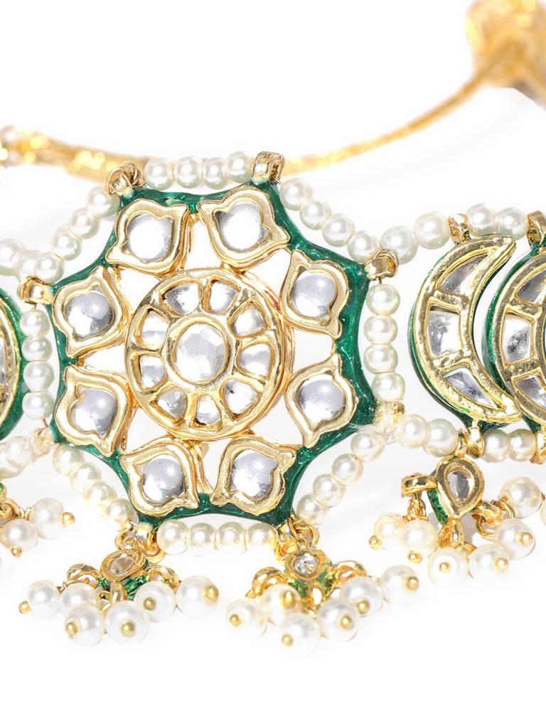 Firoza Gold Plated Jodha Choker Set With Earrings And Maangtikka Set : KUNCH781