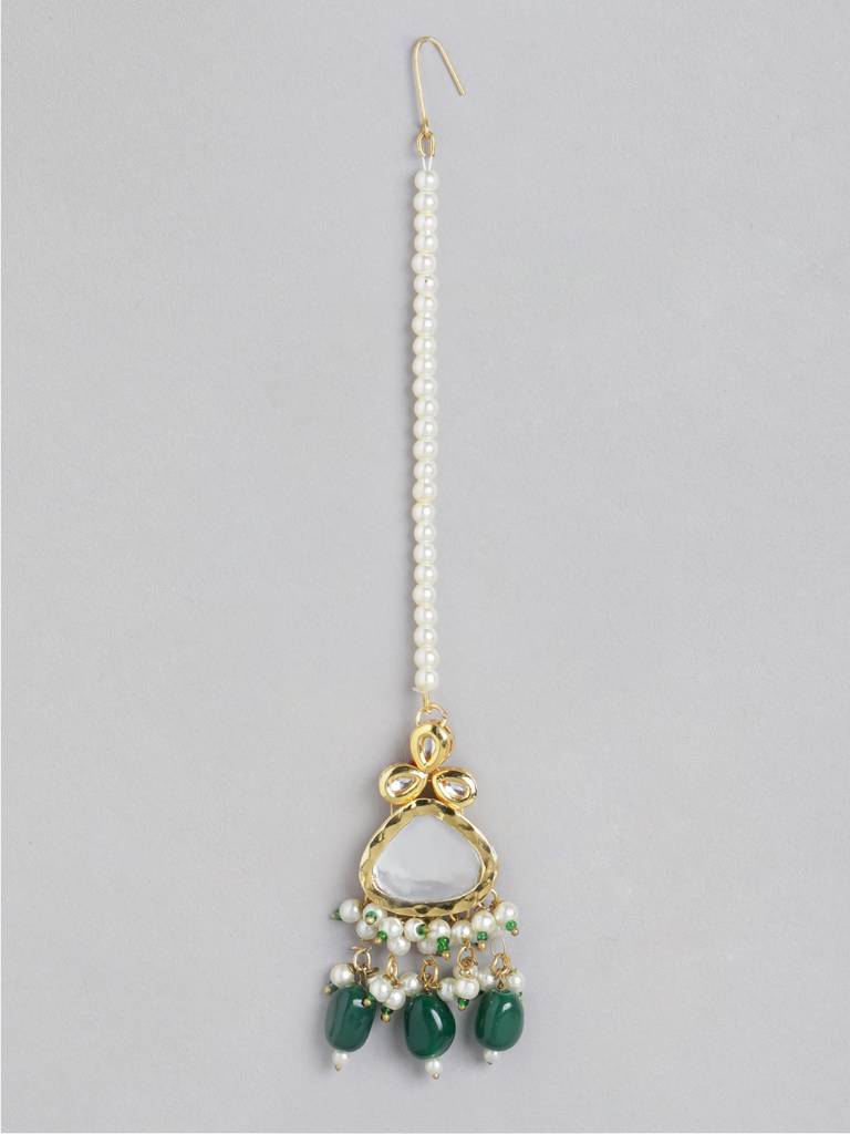 Firoza Gold-Toned & Green Kundan Studded & Beaded Vilandi Jewellery Set : KUNNS727