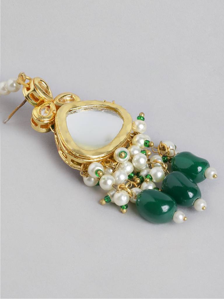 Firoza Gold-Toned & Green Kundan Studded & Beaded Vilandi Jewellery Set : KUNNS727