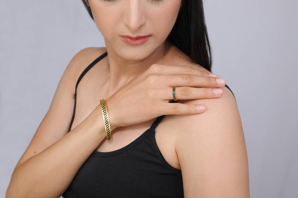 22Kt Gold Plated Black Enamel Engraved Adjustable Bangle
