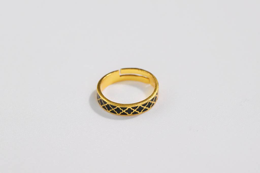 22Kt Gold Plated Black Enamel Engraved Adjustable Ring