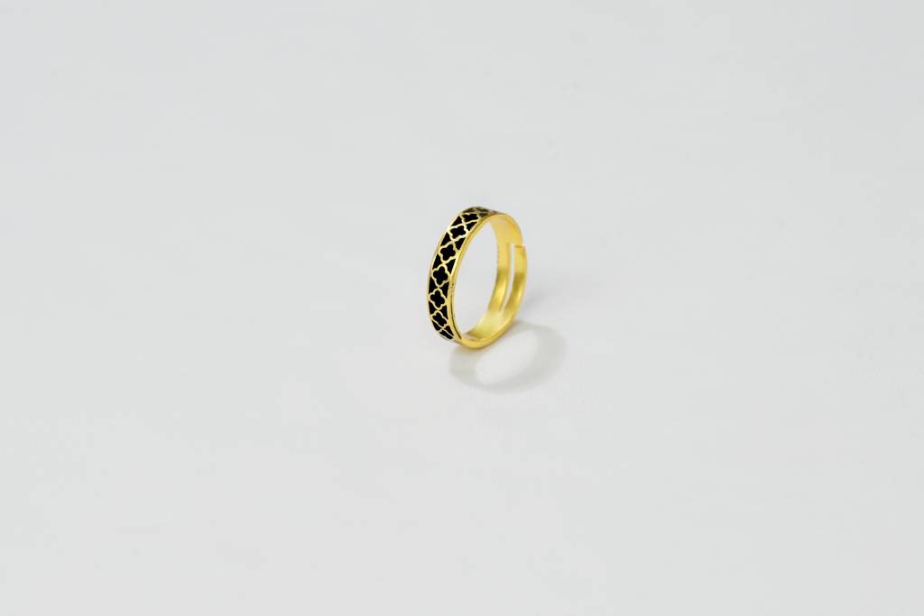 22Kt Gold Plated Black Enamel Engraved Adjustable Ring