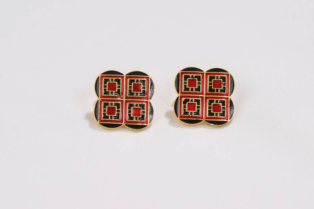 22Kt Gold Plated Black and Red Enamel Geometric Earrings