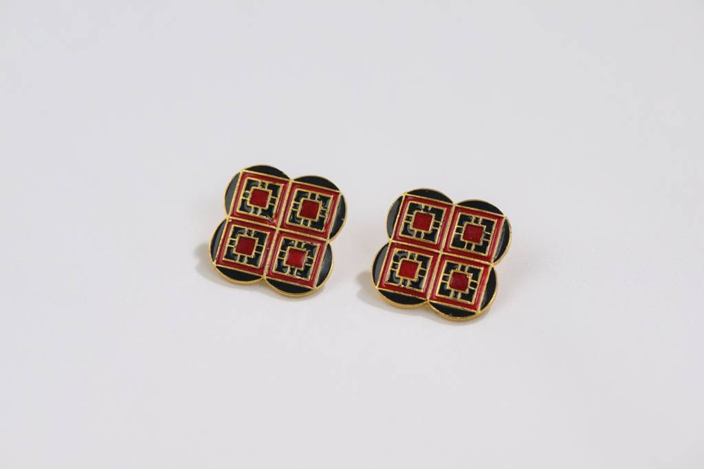 22Kt Gold Plated Black and Red Enamel Geometric Earrings