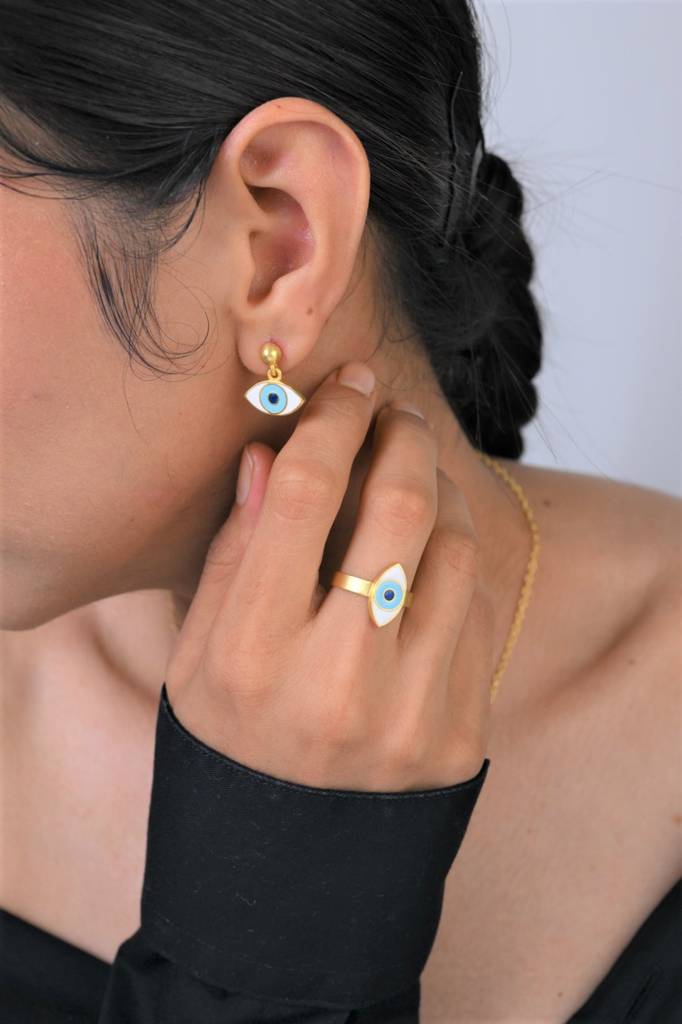 22kt Gold Plated White and Light Blue Evil Eye Enamelled Earrings