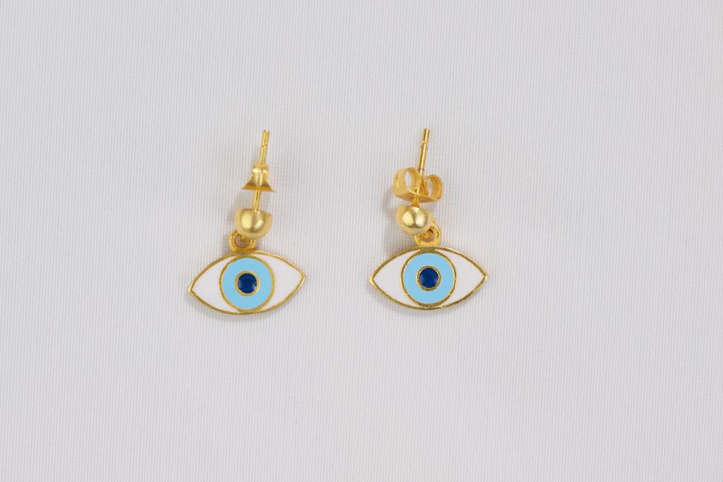 22kt Gold Plated White and Light Blue Evil Eye Enamelled Earrings