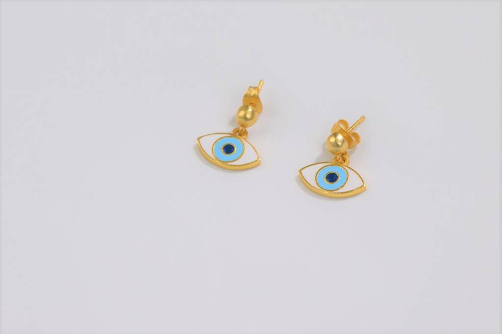 22kt Gold Plated White and Light Blue Evil Eye Enamelled Earrings