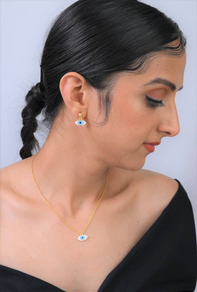 22kt Gold Plated White and Light Blue Evil Eye Enamelled Necklace